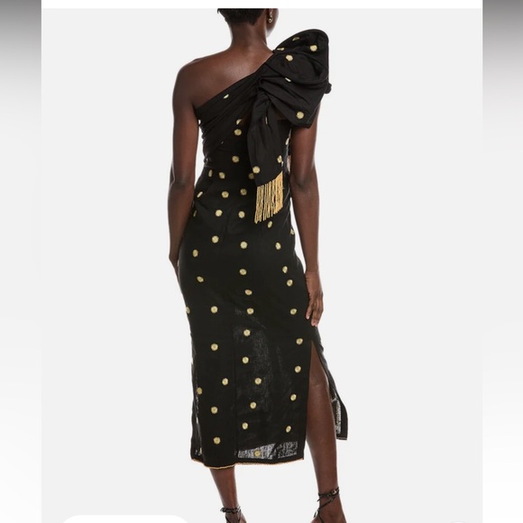 NWT Farm Rio Banana Tree Tie Linen-Blend Midi Dress in Black & Gold Size S - Picture 4 of 16
